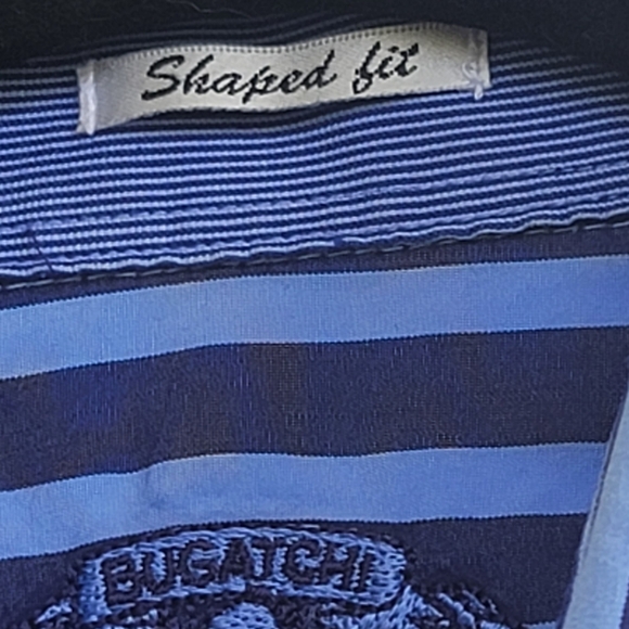 Men's BUGATCHI Blue + Stripe Shirt Shaped Fit Contrasting Collar Cuff Large Blue - Picture 9 of 10